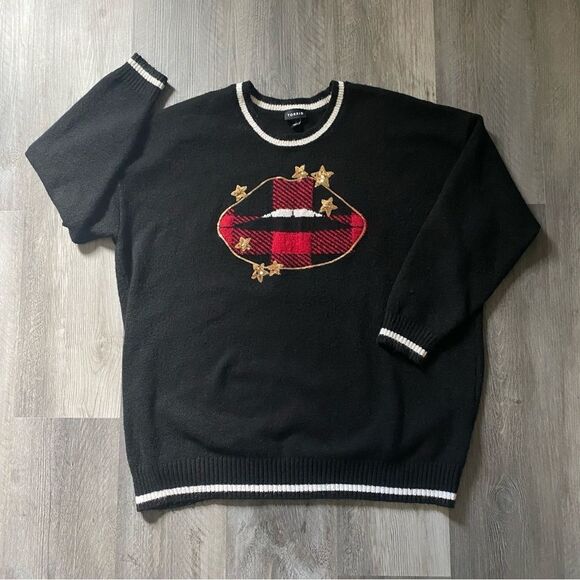 TORRID Sweater Plaid Lips Black Maroon Red Gold Sequins Stars - Picture 4 of 12